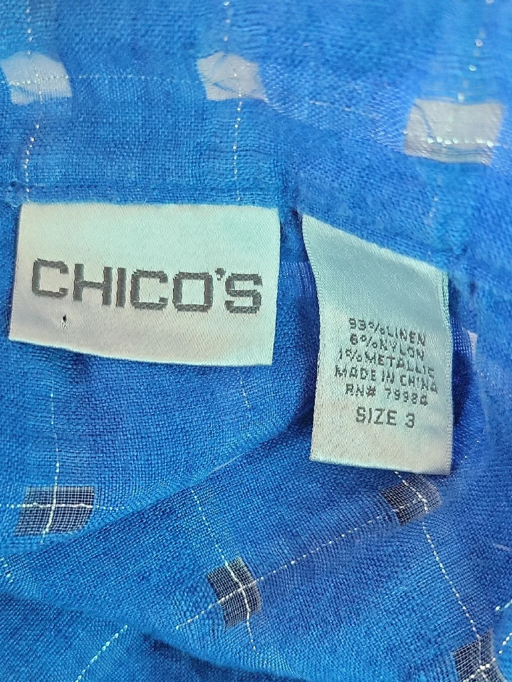 Chico's Blue Linen Windowpane Button Down Tunic Shirt Size XL